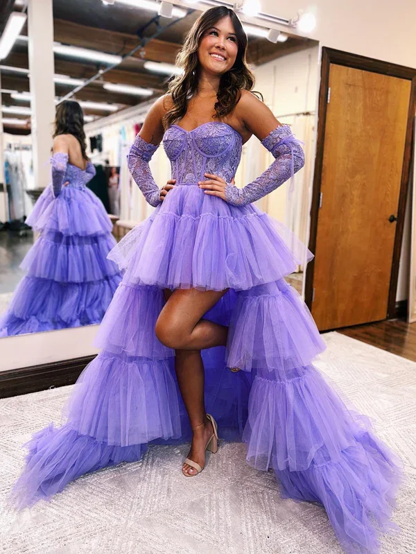 Purple High-Low Asymmetrical Strapless Tiered Tulle Prom Dress,DP735