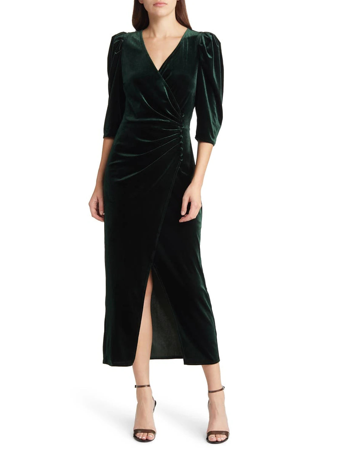 A-Line Mother of the Bride Dress Formal Wedding Guest Party Elegant V Neck Tea Length Velvet Half Sleeve with Split Front