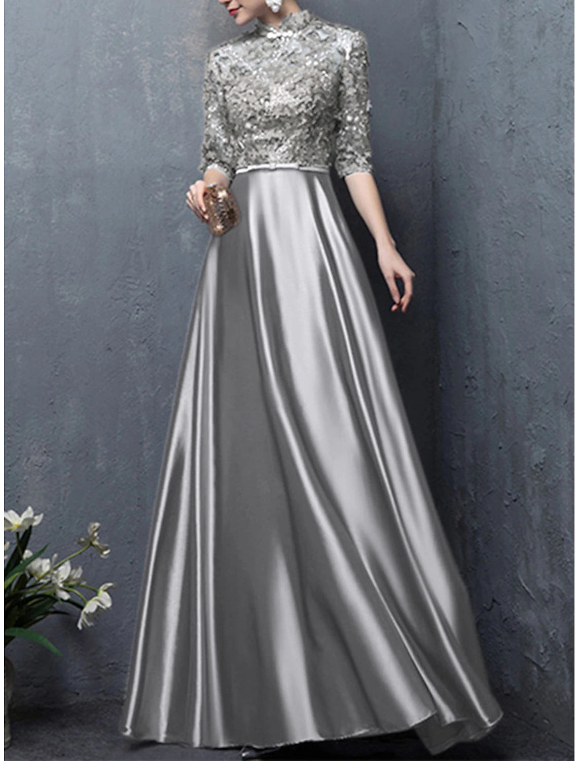 A-Line Mother of the Bride Dress Wedding Guest Vintage Elegant High Neck Floor Length Satin Half Sleeve with Bow(s) Appliques Fall