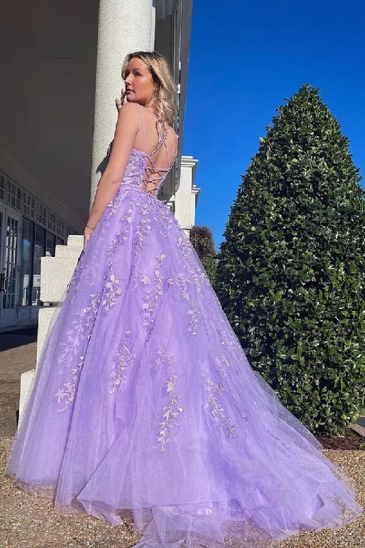 A Line Open Back Purple Lace Long Prom Dresses Formal Evening Dresses,DP0215