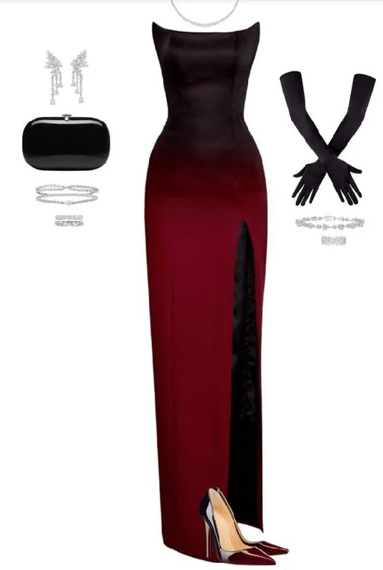 Black and Red Gradient Strapless Sheath Long Prom Dress with Slit, DP3470