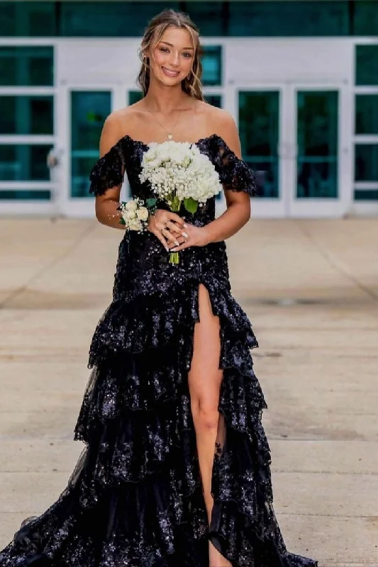 Black Sequin Tulle Mermaid Ruffles Long Prom Dress