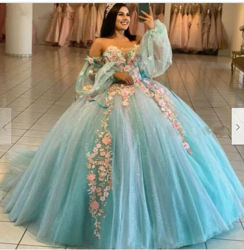 Blue Ball Gown Quinceanera Dresses Off Shoulder Long Sleeve Corset Sweep Train,DS4621