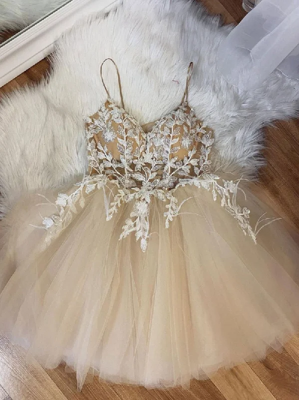 CHAMPAGNE TULLE LACE SHORT PROM DRESS, LACE HOMECOMING DRESS,F04763