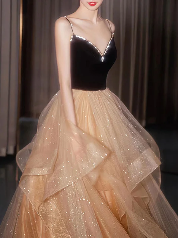 CHAMPAGNE V NECK TULLE LONG PROM DRESS, CHAMPAGNE FORMAL GRADUATION DRESS,F04836