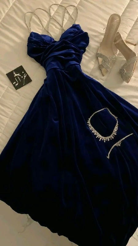 Dark Blue Straps A-Line Long Prom Evening Dress Cocktail Dress, DP3329