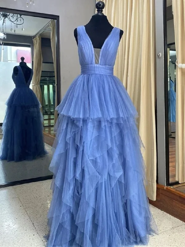 Deep V Neck Blue Layered Long Prom Dresses Formal Evening Dresses,DP658