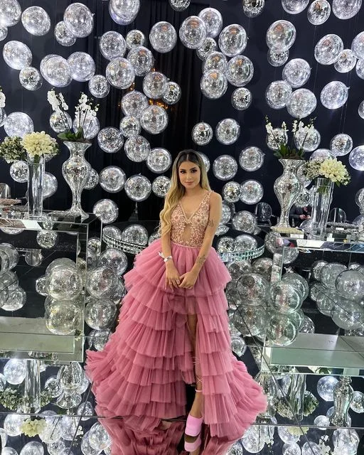 Dusty Rose Tiered Tulle Slit Quinceanera Prom Dress Ball Gown,DP410