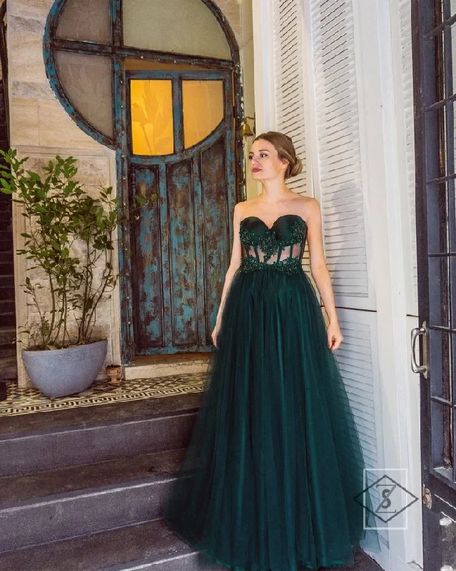 Emerald Corset Tulle Sweetheart Neckline Beaded Lace Prom Gown Evening Dress,DP553