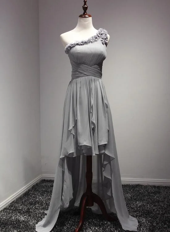 Grey One Shoulder Chiffon High Low Slit Homecoming Dress, Stylish Prom Dress, Women Formal Dress .DS3047