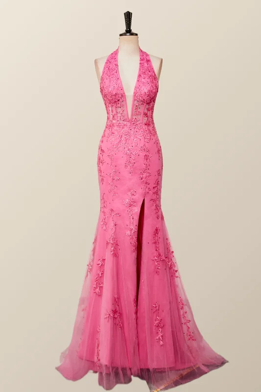 Halter Hot Pink Lace Mermaid Prom Dress