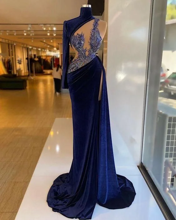 High Neck Velvet Prom Dress, Unique prom dress,DS5130