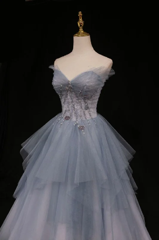 Light Blue Sweetheart A-Line Beading Tulle Long Prom Dress Birthday Outfit, DP3358