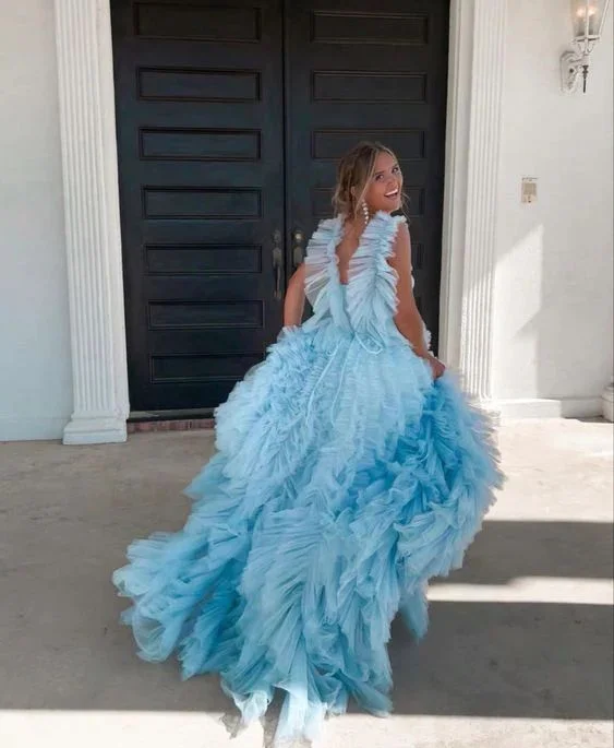 Light Sky Blue Tulle Princess Ruffle Straps With Tiered Long Prom Dress,DP398