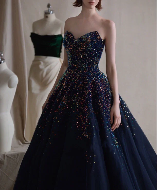 Luxurious A Line Sweetheart Navy Blue Long Prom/Evening Dress with Beading,BD1475