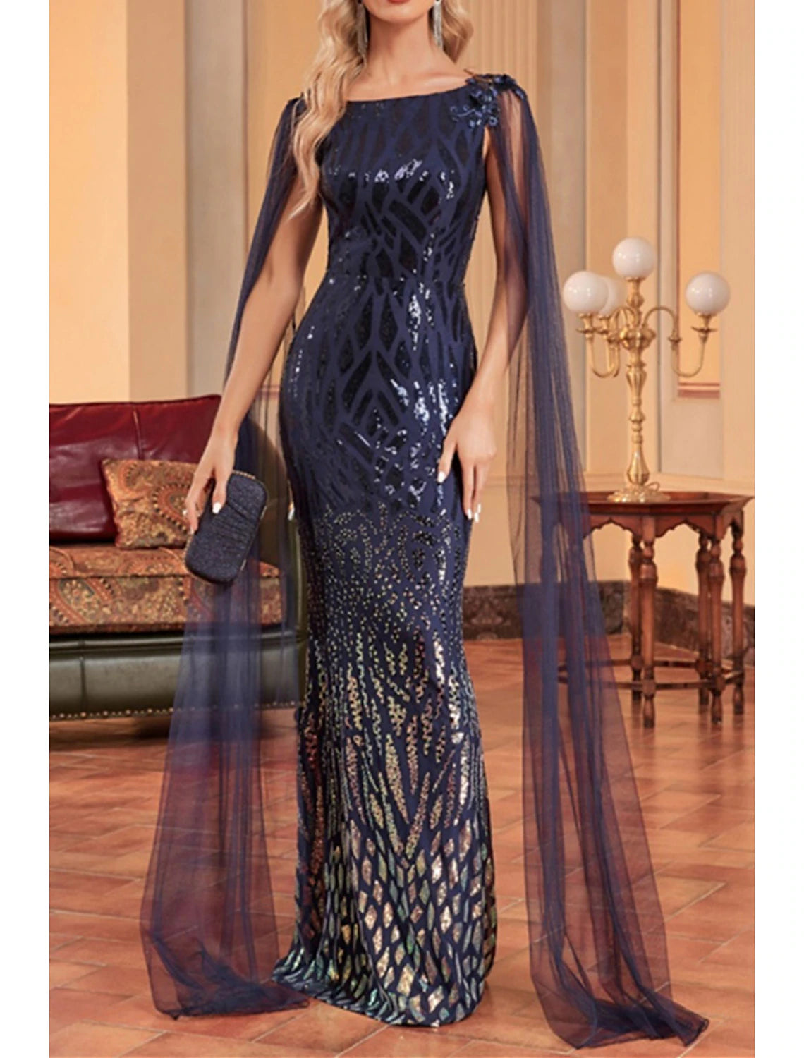 Mermaid / Trumpet Mother of the Bride Dress Wedding Guest Party Sparkle & Shine Bateau Neck Floor Length Tulle Sequined Sleeveless with Sequin Draping