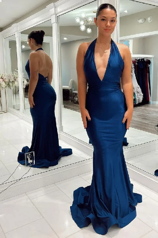 Navy Blue Halter Deep V Neck Trumpet Long Formal Dress,DP601