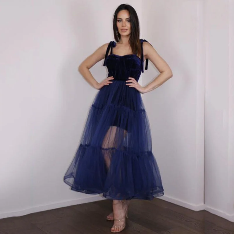 Navy Blue Prom Dresses Spaghetti Sweetheart Velvet Top Homecoming Party Gowns Ankle Length Tulle Bride Evening Wear,LW061