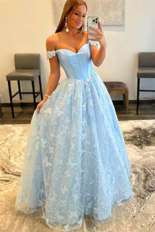 Off Shoulder Light Blue Lace Long Prom Dresses Formal Graduation Evening Dresses,DP0235