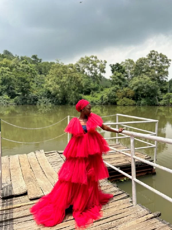 Red V Neck TulleTiered Tutu Dress Party Dress African Prom Quinceanera Dress,DP460