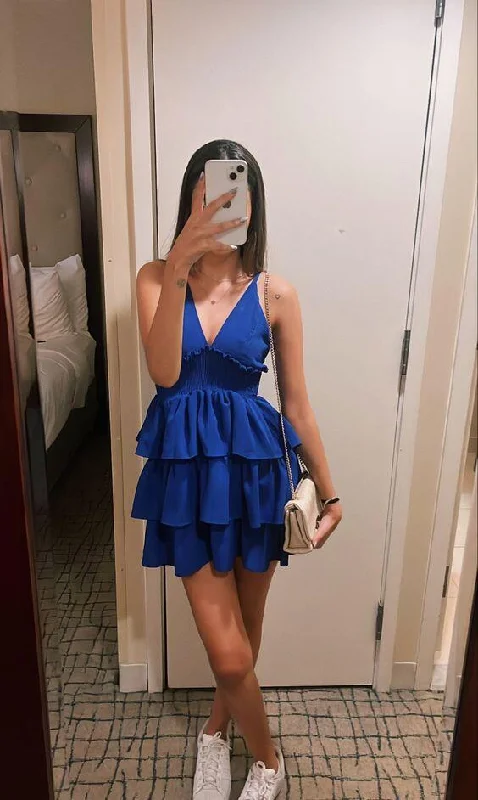 Royal Blue V Neck A-Line Short Summer Dress Homecoming Dress, DP3311