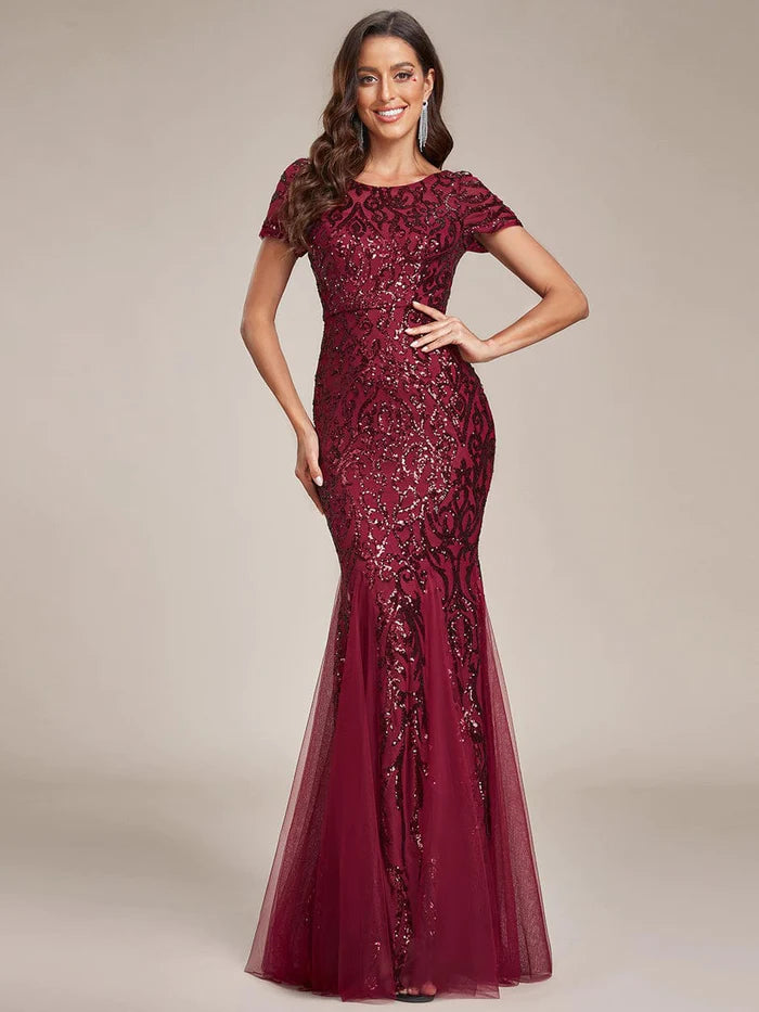 Sequin Bodycon Round Neckline Mermaid Evening Dress