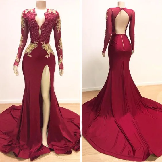 Sexy Sheath Burgundy and Gold Appliques Side Slit Deep V Neck Backless Prom Dresses,DP0219