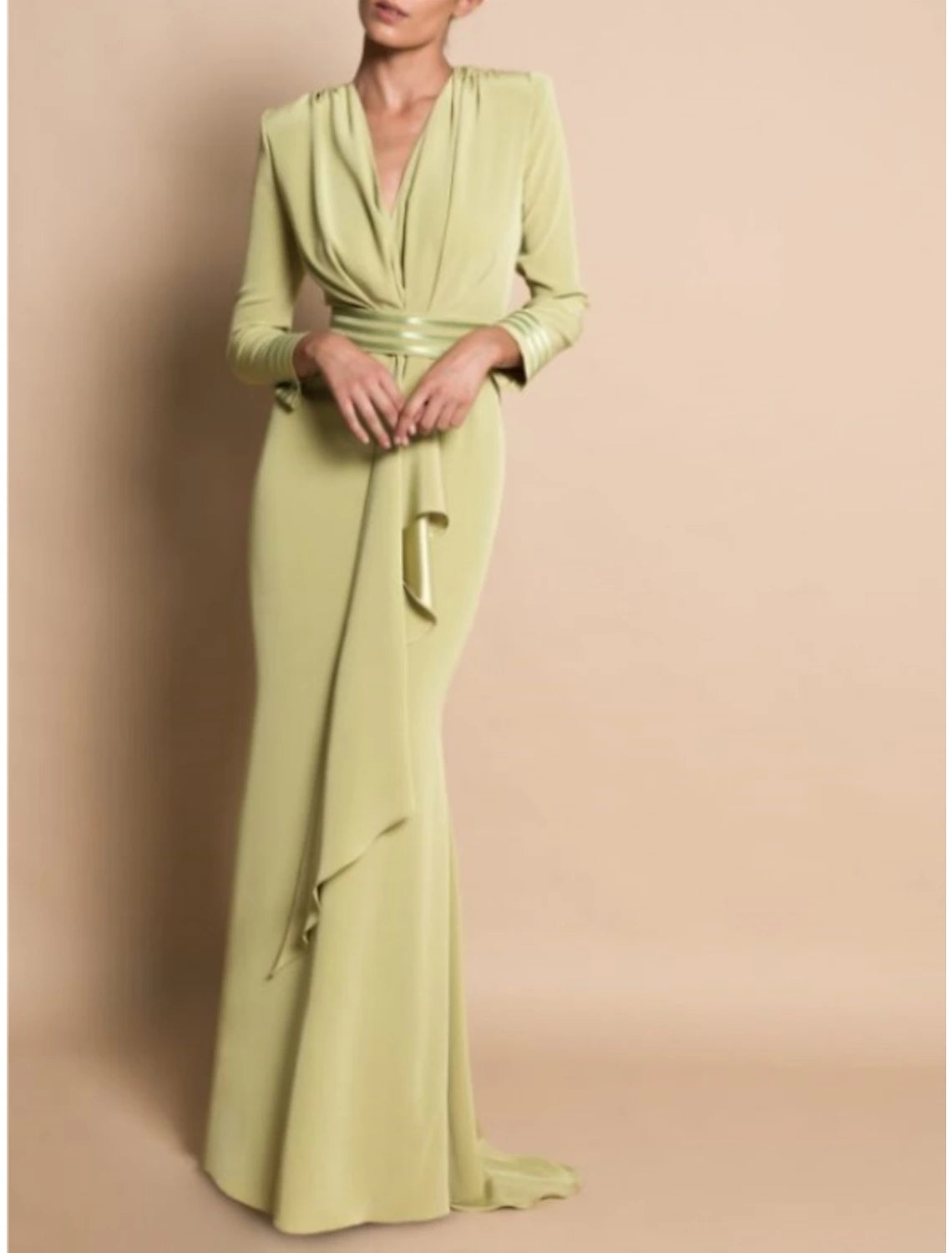 Sheath / Column Mother of the Bride Dress Formal Fall Wedding Guest Party Elegant V Neck Sweep / Brush Train Stretch Chiffon Long Sleeve with Draping Ruching