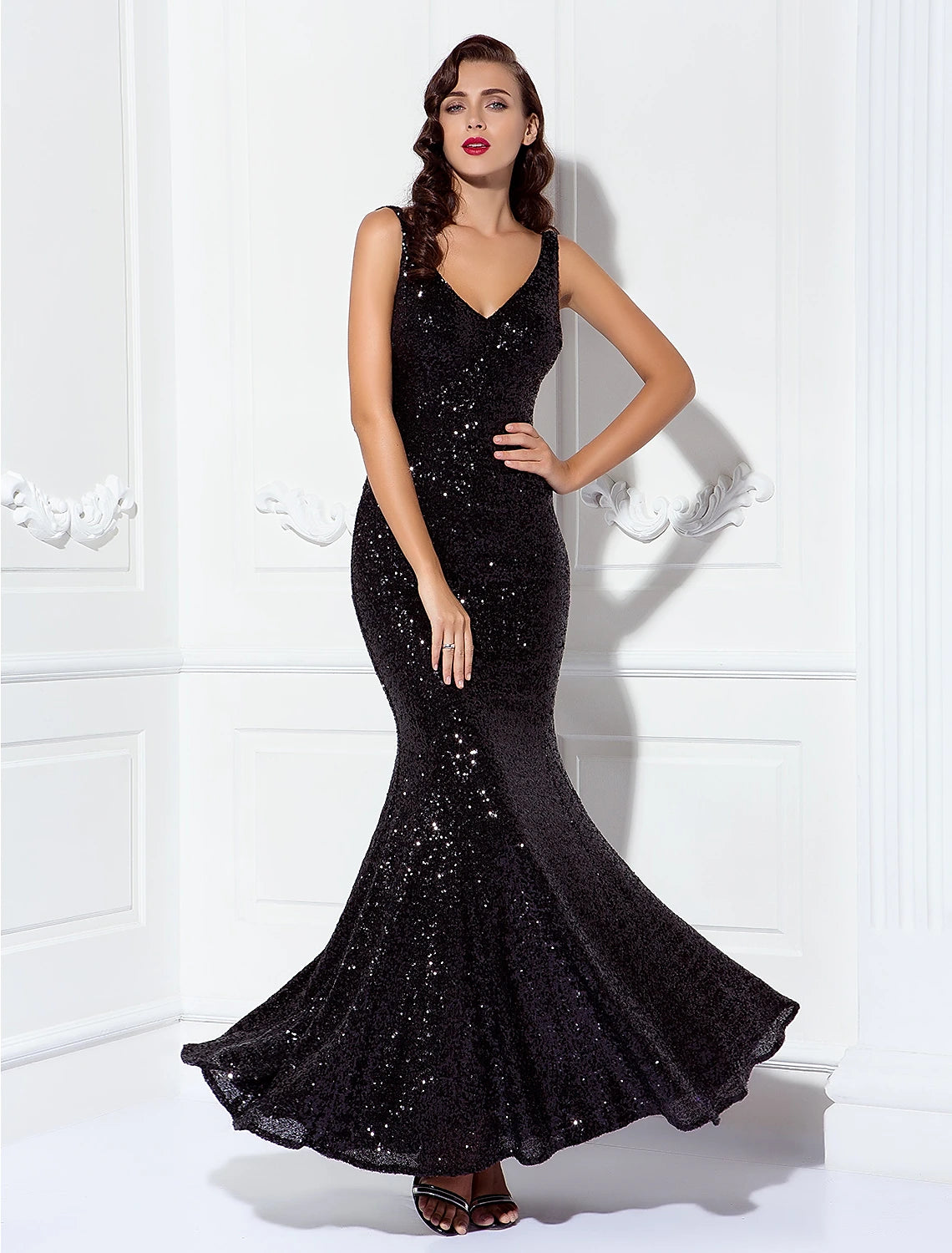 Sheath / Column Sparkle & Shine Dress Wedding Guest Prom Floor Length Sleeveless V Neck Sequined V Back with Sequin