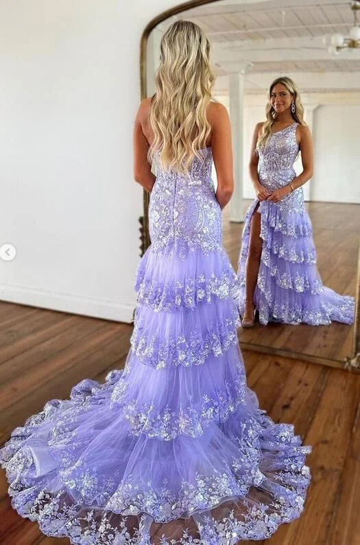 Light Purple Sheath One Shoulder Tiered Lace Long Prom Dress,DP708