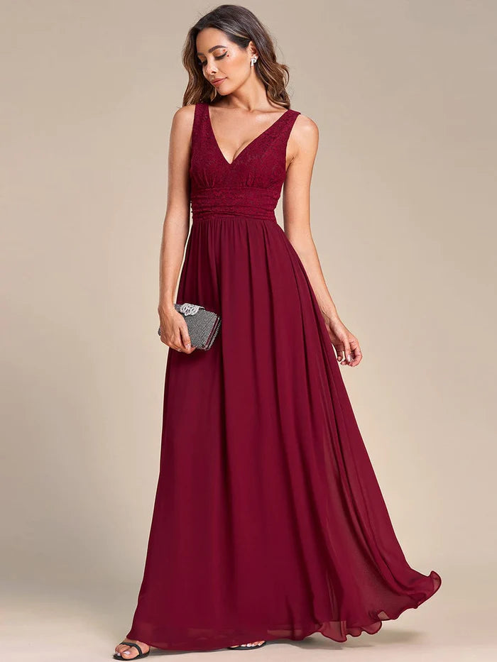 Sleeveless V-Neck Empire Waist Floor-Length Evening Dress