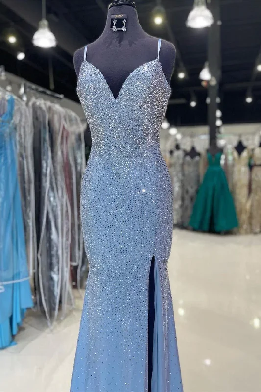 Spaghetti Straps Side Slit Light Blue Long Formal Dress,DS4921