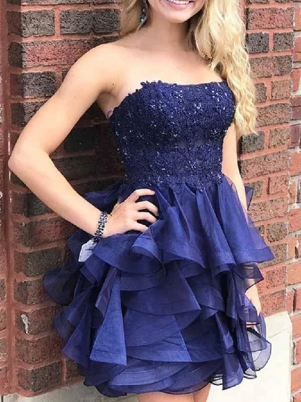 Strapless Short Navy Blue Lace Prom Dresses, Short Navy Blue Lace Formal Homecoming Dresses,DS1645