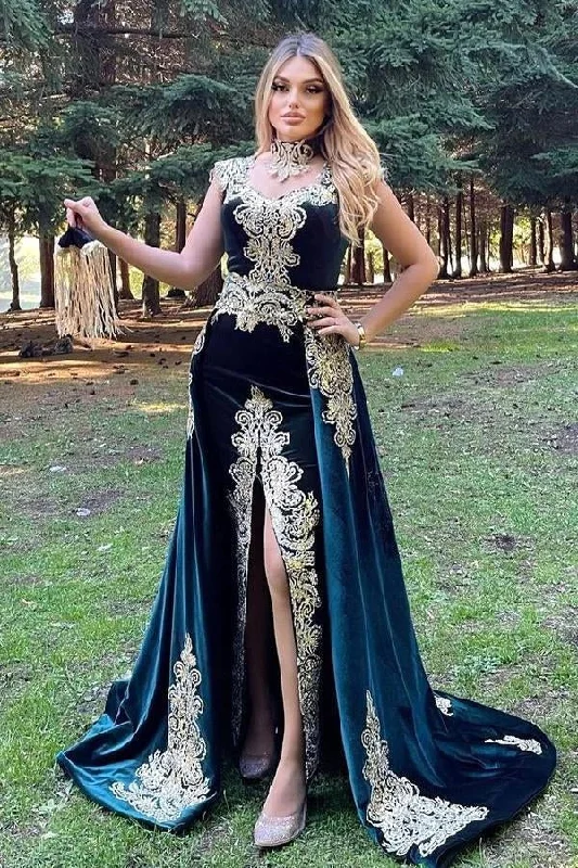 Stunning Velvet Evening Gown Sleeveless Gold Appliques Formal Dress with Detachable Train Side Slit,F04820