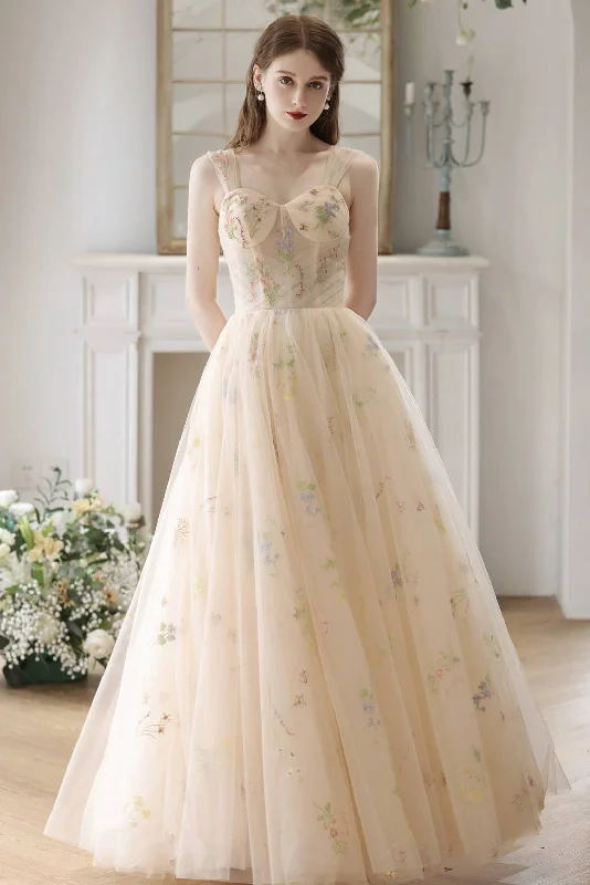 Sweetheart Champagne Floral Corset Long Prom Dress