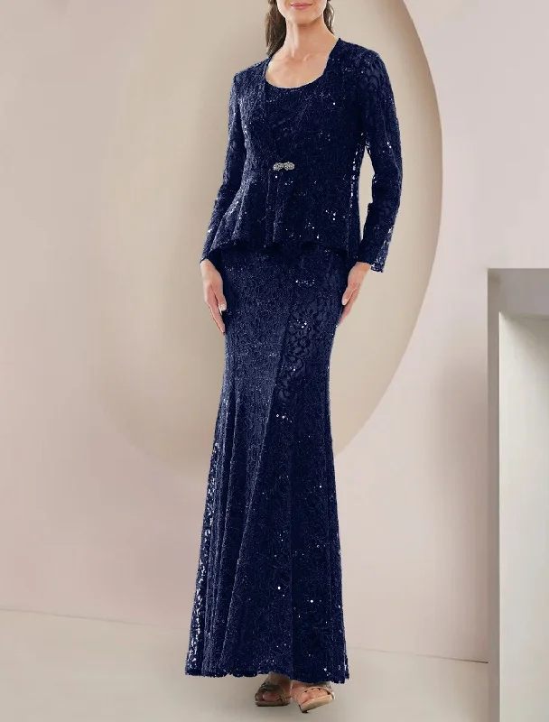 Two Piece A-Line Mother of the Bride Dress Formal Wedding Guest Elegant Scoop Neck Floor Length Lace Long Sleeve with Sequin Crystal Brooch