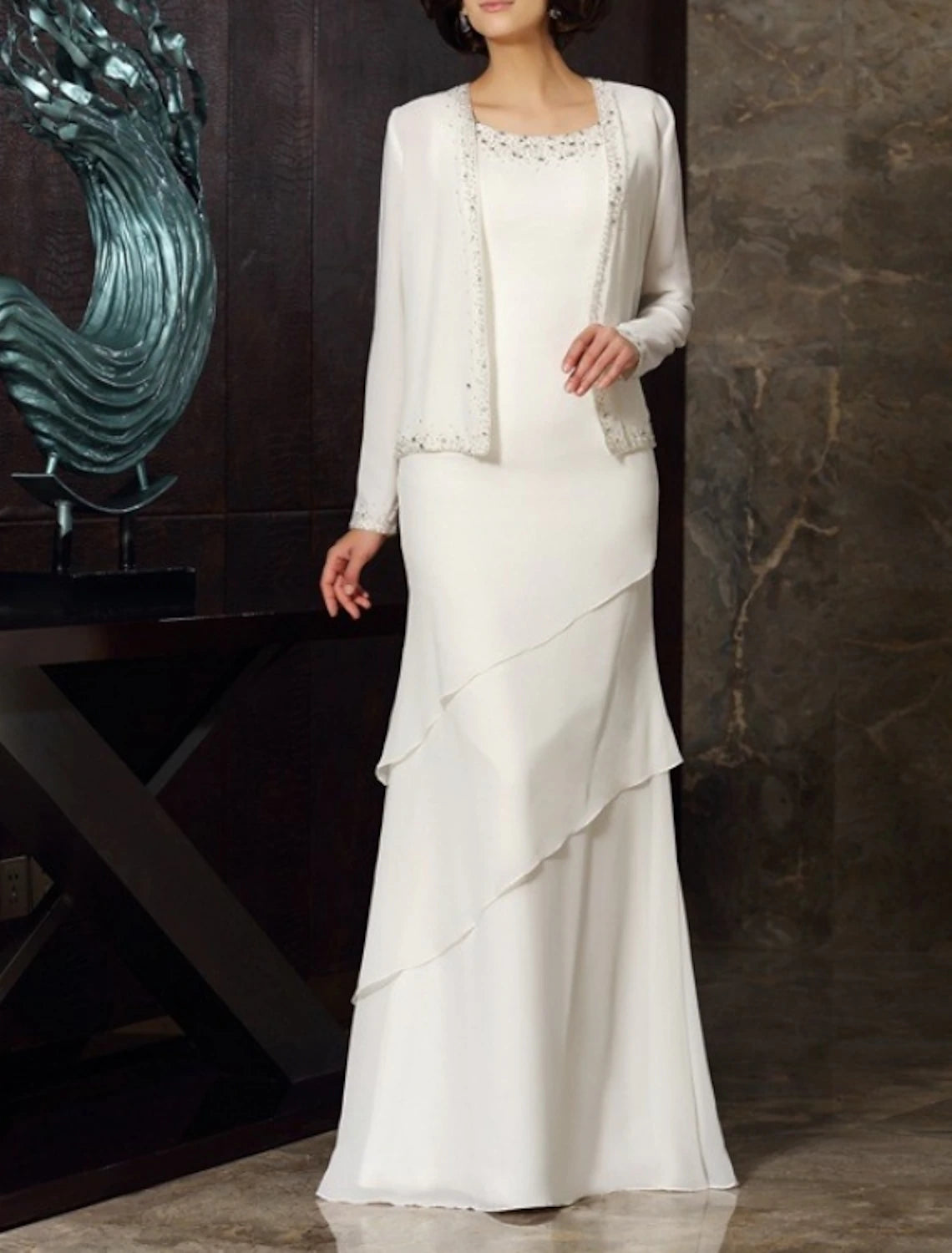 Two Piece Sheath / Column Mother of the Bride Dress Wedding Guest Plus Size Elegant Jewel Neck Floor Length Chiffon Long Sleeve Wrap Included Short Jacket Dresses with Beading Cascading Ruffles