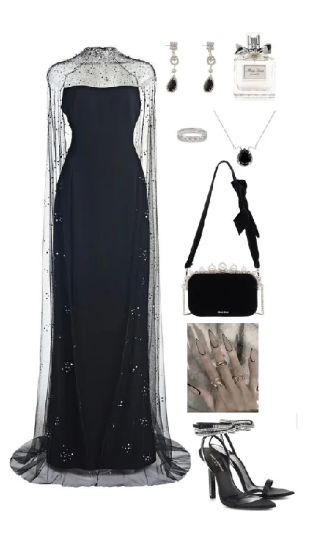 Unique Black Cape Sleeves Sheath Long Prom Gown Evening Dress, DP3467