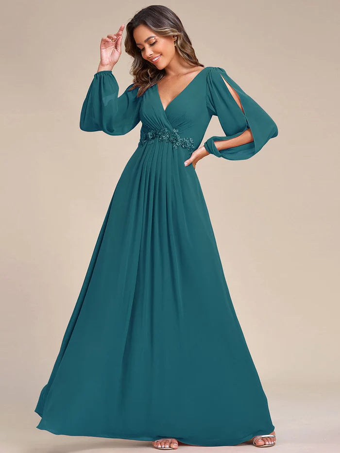 V-Neck Long Sleeve Applique A-Line Chiffon Evening Dress