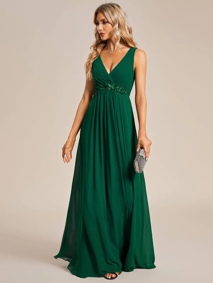 V-Neck Sleeveless A-Line Evening Dress with Appliques