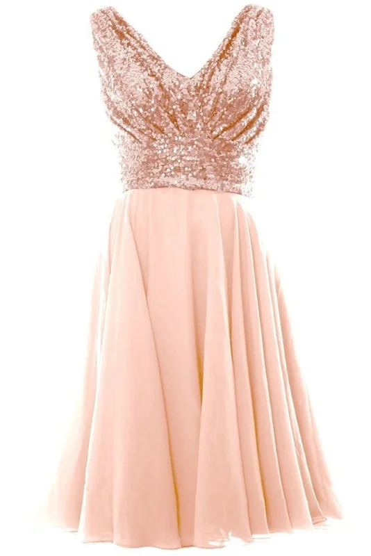 Blush Pink V Neck Sleeveless Chiffon Short Bridesmaid Dress with Rose Gold Sequins Prom Gown