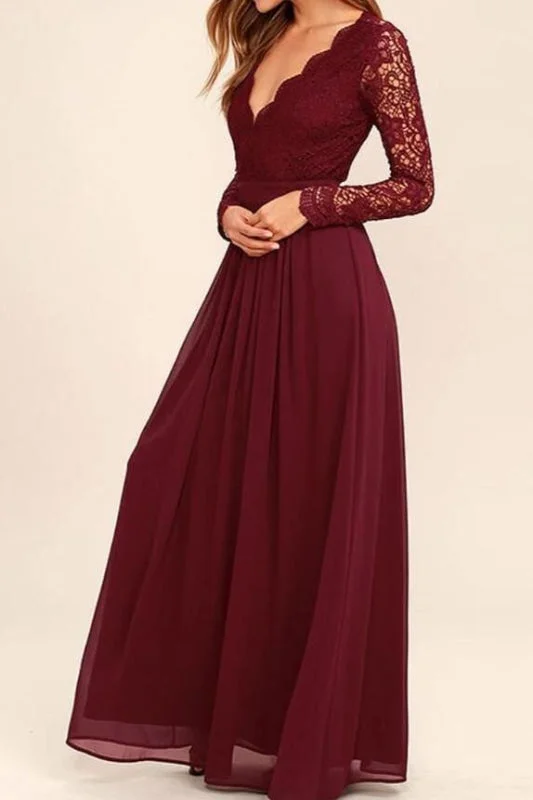 Chic Best Attractive Burgundy Sleeve V-neck Backless Lace Top Chiffon Long Bridesmaid Prom Dress