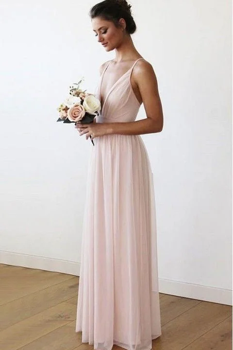 Deep V Neck Spaghetti Straps Long Bridesmaid Dresses for Wedding Party