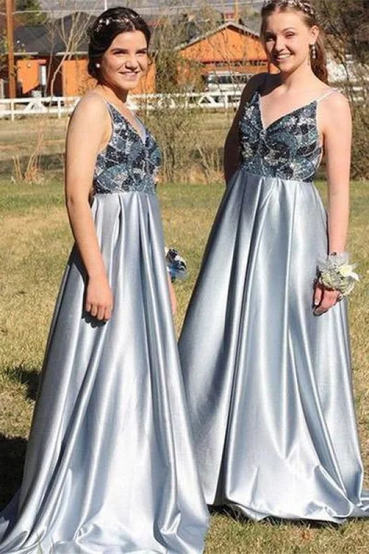 Light Blue Spaghetti Strap Beaded Satin Prom Sparkly Beading Bridesmaid Dress