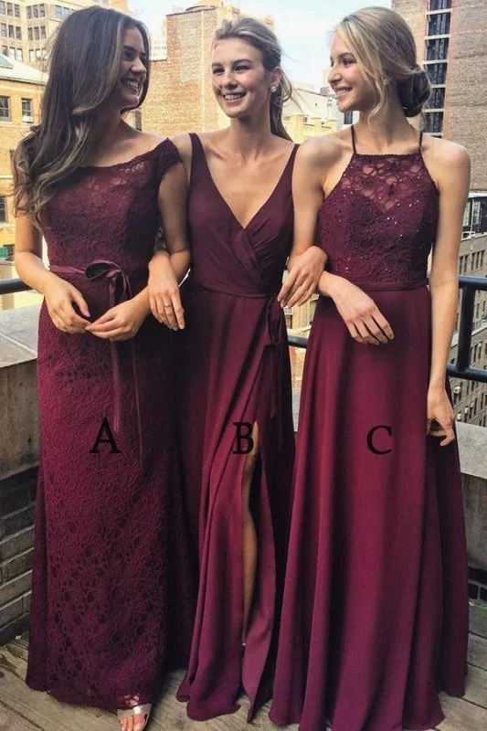 Multi Styles A-Line Floor-Length Maroon Bridesmaid/Prom/Evening Dress with Lace