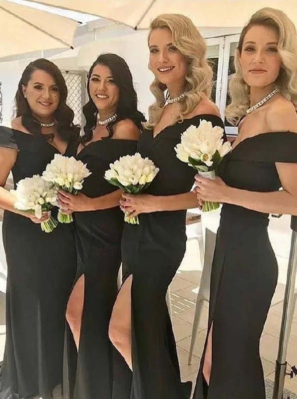 Off the Shoulder Black Split Side Long Bridesmaid Dresses for Wedding