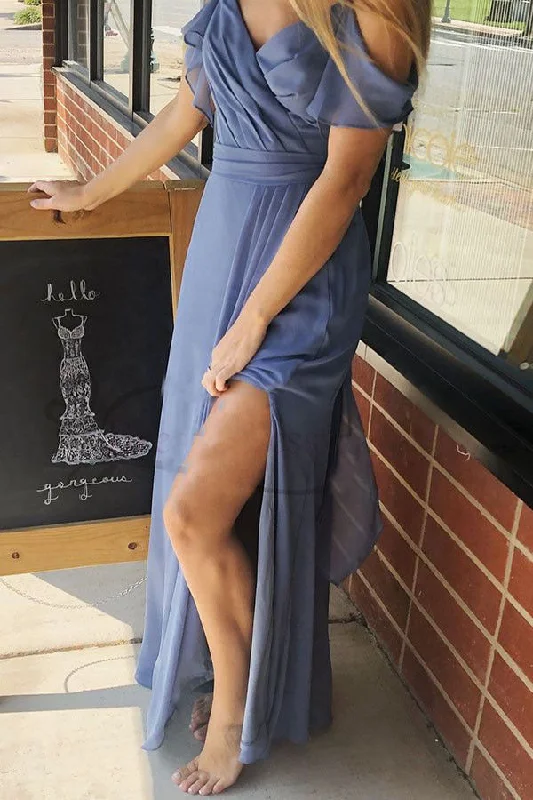 Off the Shoulder Dusty Blue Split Side Bridesmaid Dresses for Wedding