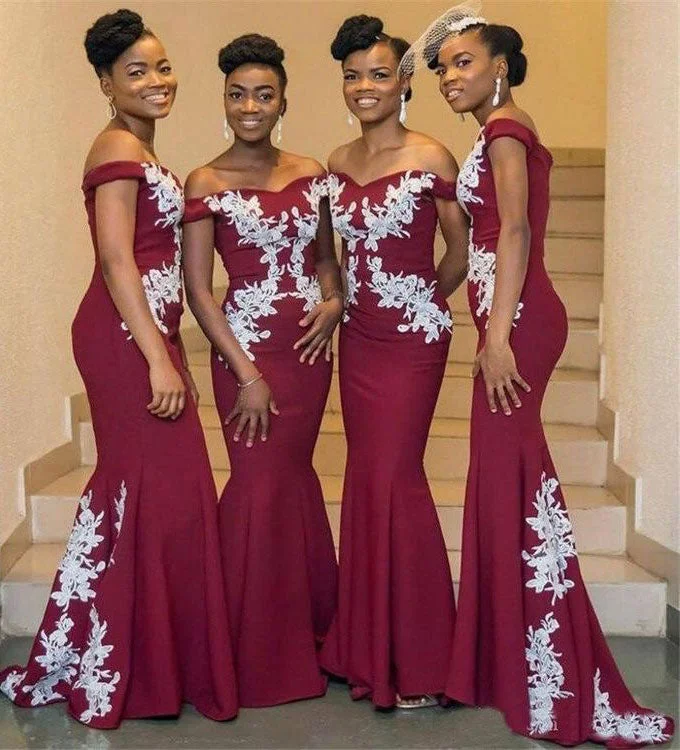 Off the Shoulder Mermaid Long Bridesmaid Dresses with Appliques