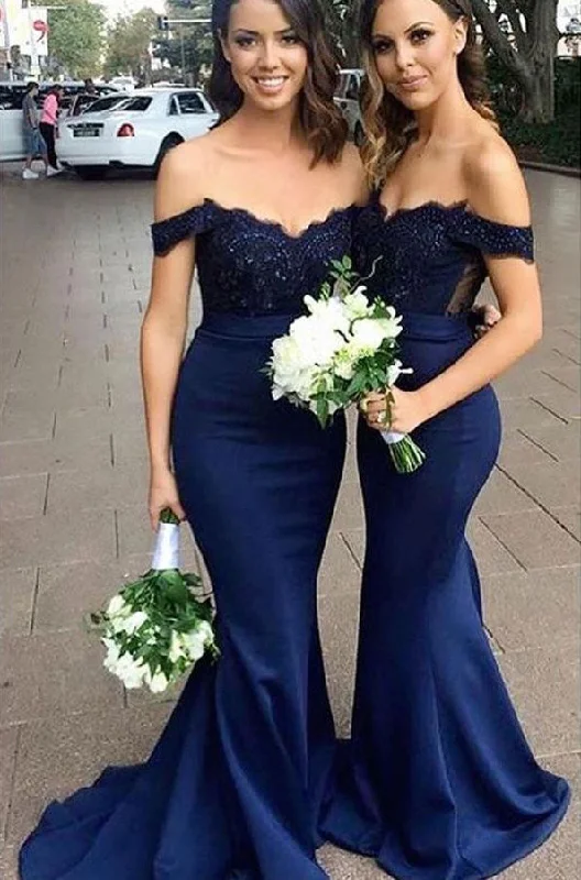 Off the Shoulder Mermaid Navy Blue Bridesmaid Dresses with Appliques