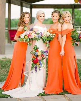 Orange Off the Shoulder Bridesmaid Dresses for Wedding Party